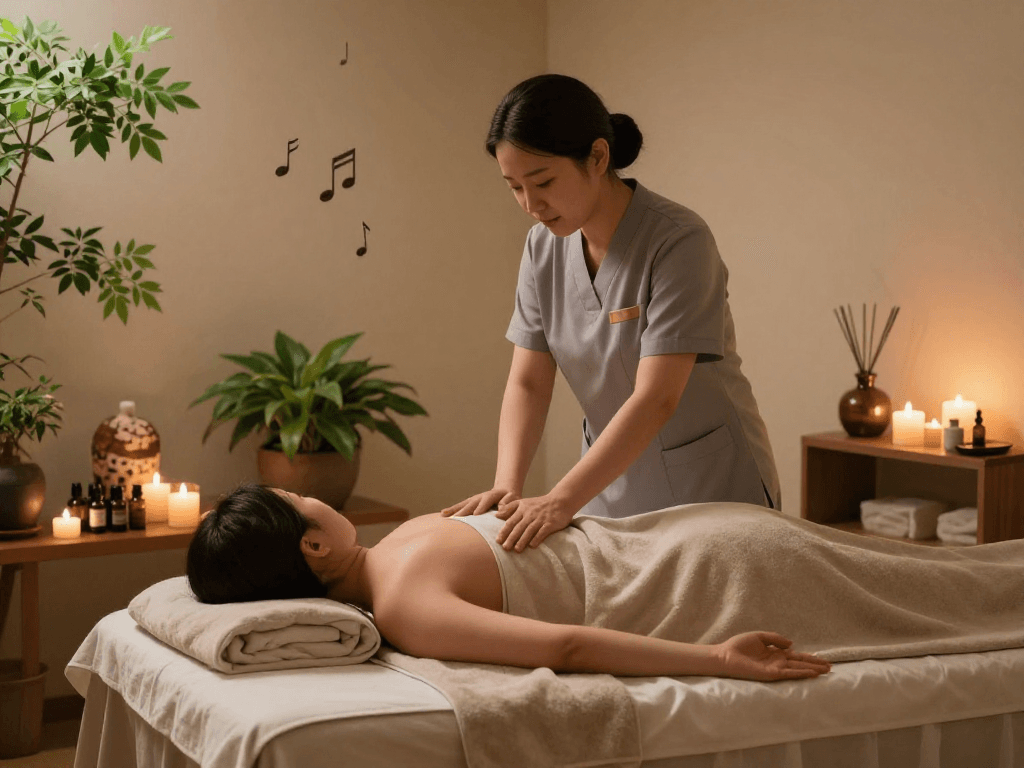 Relaxing 하남출장안마 session in a serene wellness spa, featuring a therapist and calming atmosphere.