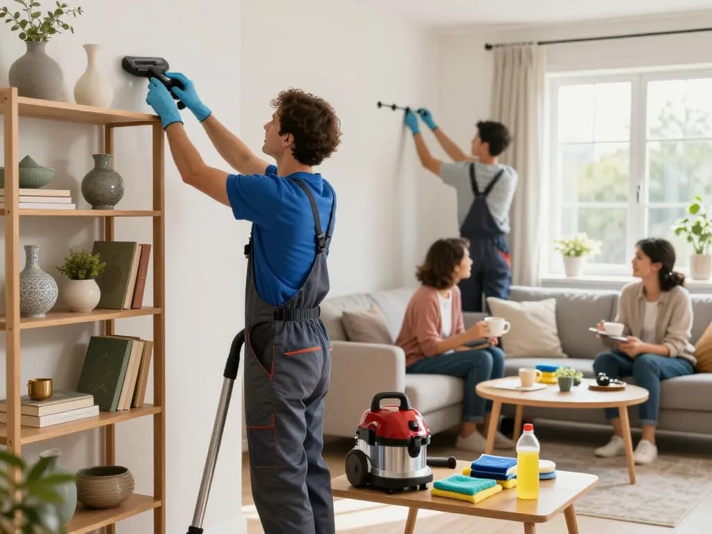 Profesionales de servicios para el hogar mejorando el espacio vital para las familias con limpieza y reparaciones, irradiando calidez y profesionalismo.