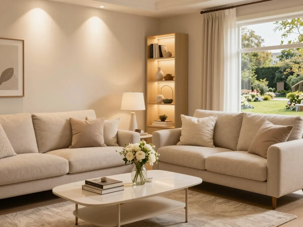 Los focos beige realzan la cálida atmósfera de una sala de estar moderna.