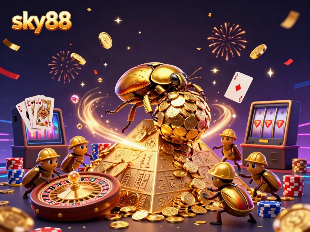 Experience the excitement of sky88 with captivating golden beetles rolling coins and dynamic gaming elements.