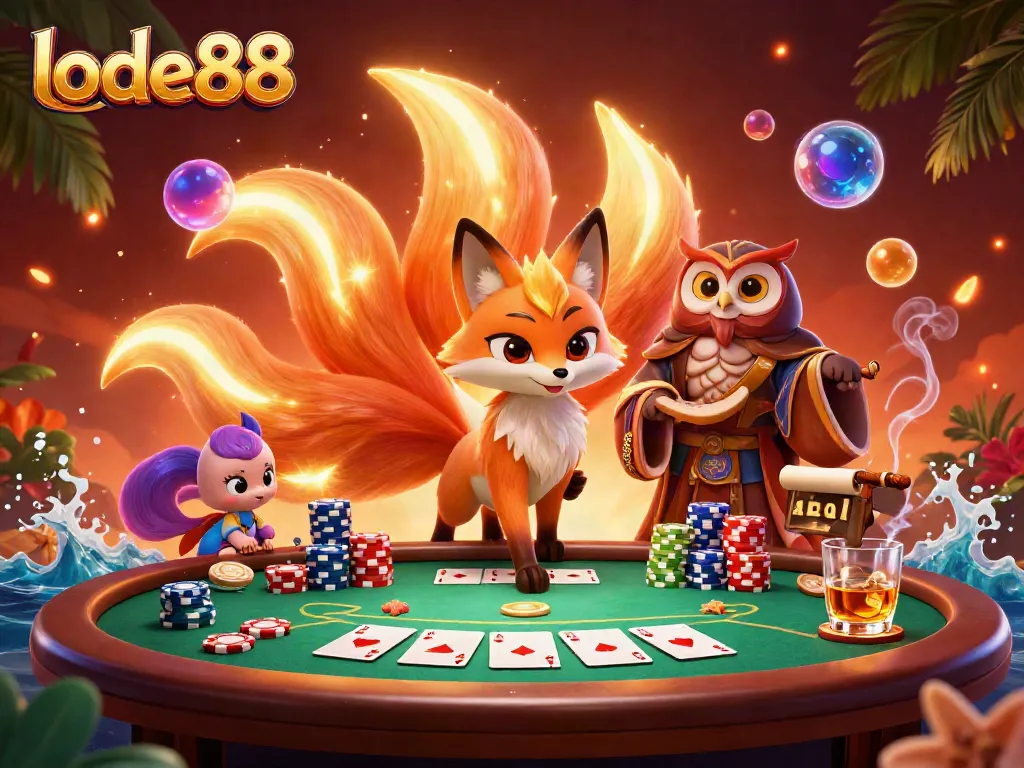 Experience high-stakes gaming with lode88 featuring a vibrant poker scene illuminated by mystical creatures.