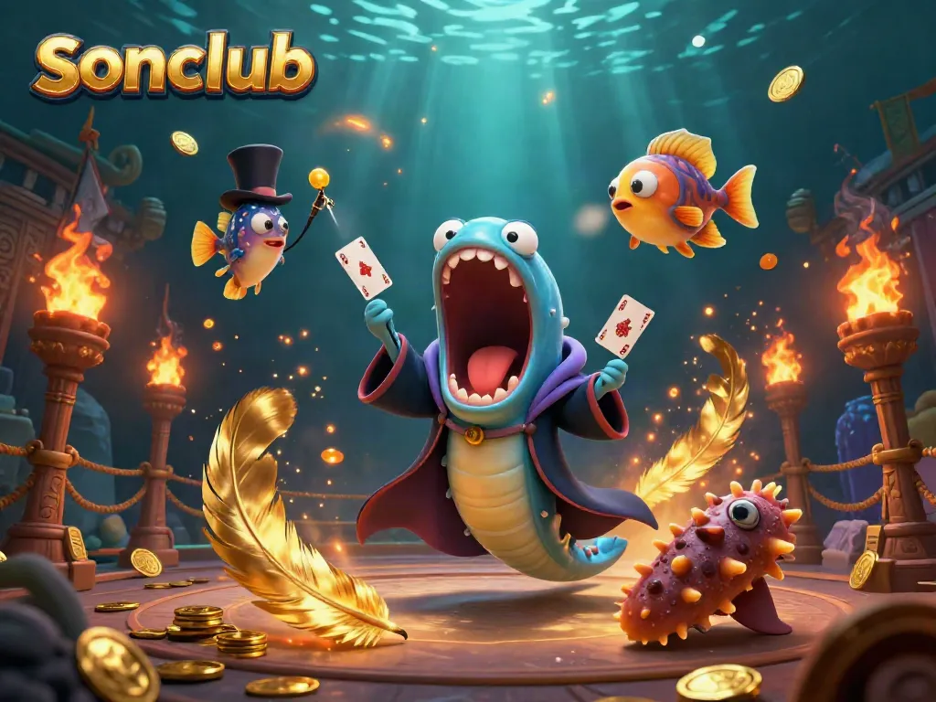 Engage with the vibrant sonclub experience featuring a dynamic underwater casino scene with fascinating characters and gambling symbols.