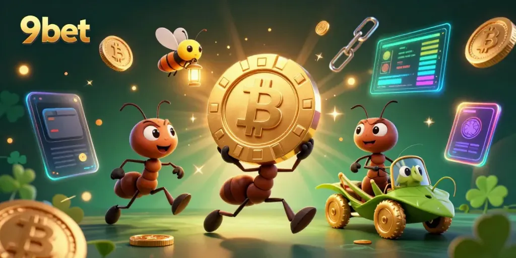 Experience thrilling heists with 9bet as ants race with a golden poker chip, surrounded by vibrant crypto elements.