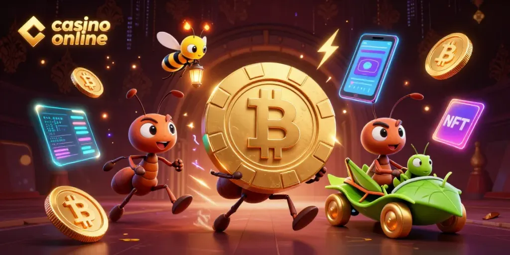 Hormigas robando un chip de póker gigante en un casino online, rodeadas de monedas criptográficas.