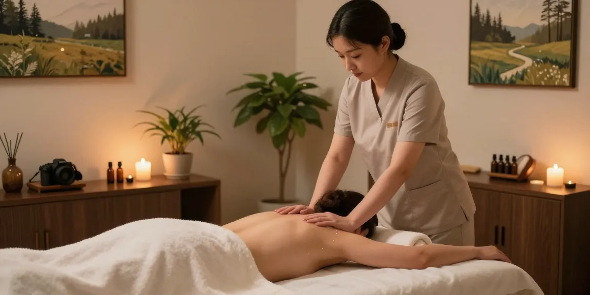 Relaxing 용인출장안마 therapy session setup in a soothing spa room with candles and plants.