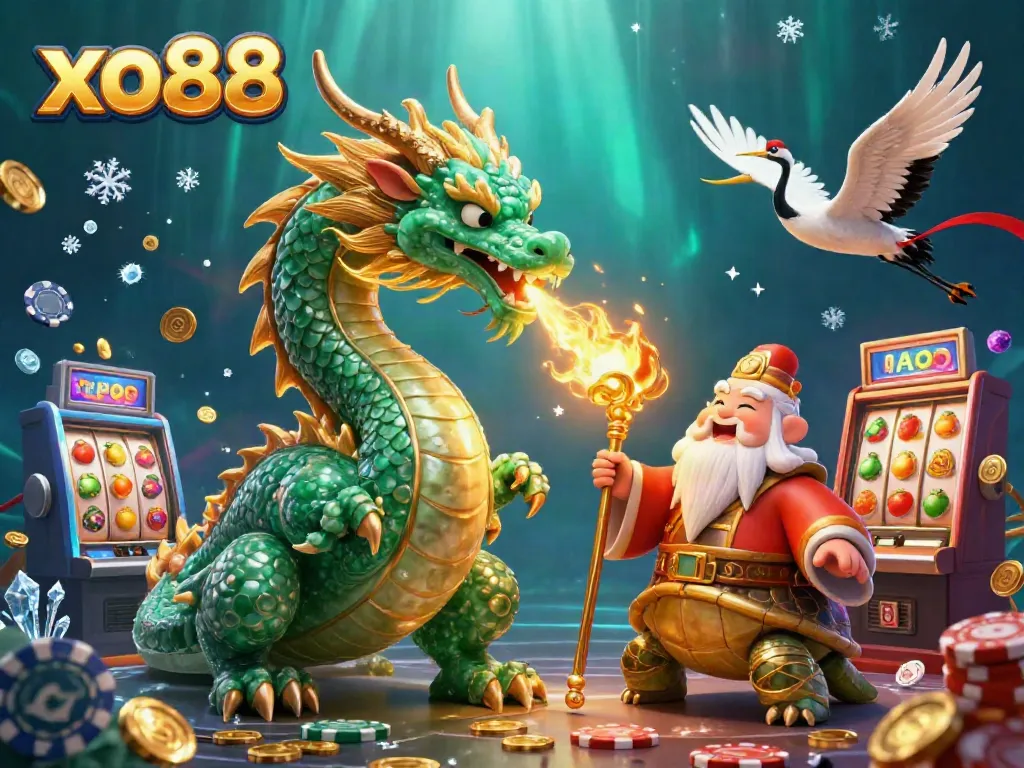Experience thrilling slots action with xo88's dynamic illustration featuring a jade dragon and vibrant game elements.