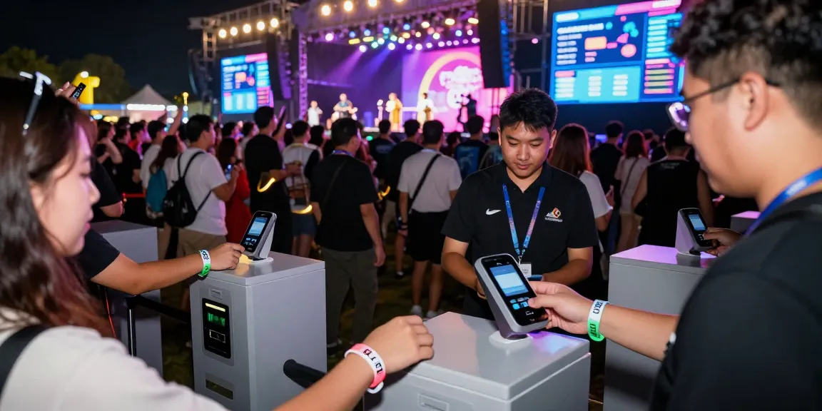 Control de acceso con pulsera con chip at a vibrant festival, showcasing seamless entry and real-time data.