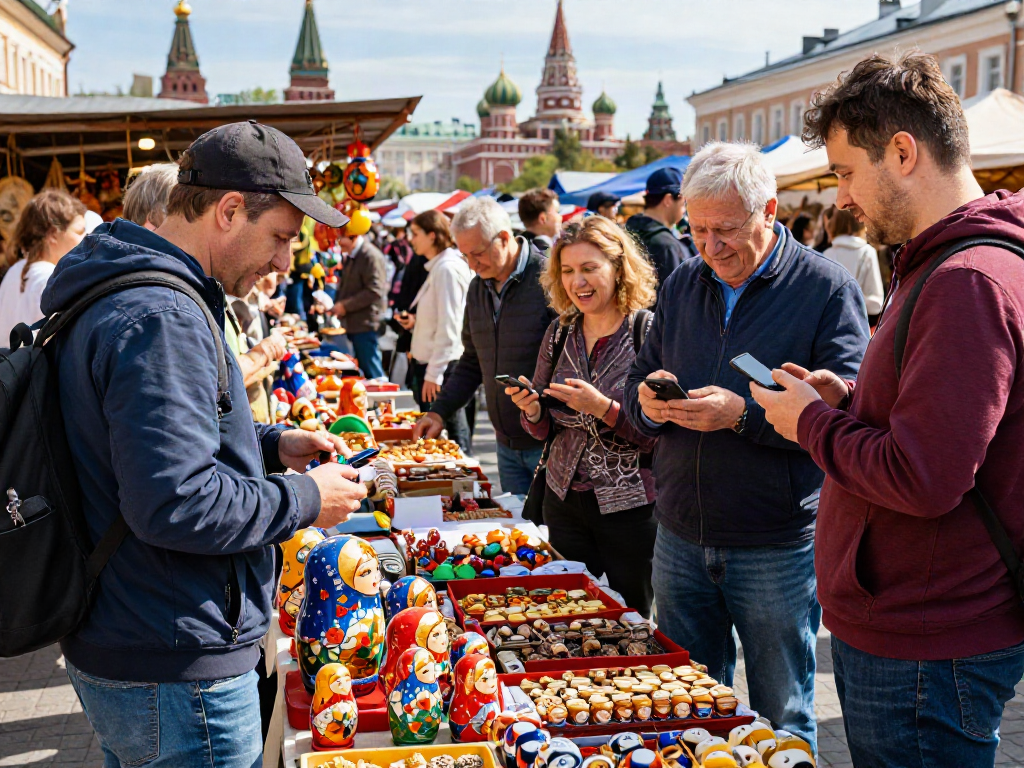 Descubre cómo pagar en Rusia con PayInRussia, turistas disfrutando del mercado local con productos tradicionales.