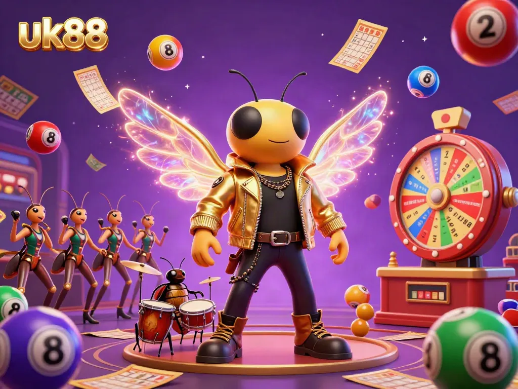 Witness the excitement of uk88 as a cartoon cicada rock star performs in a lively casino with colorful elements.