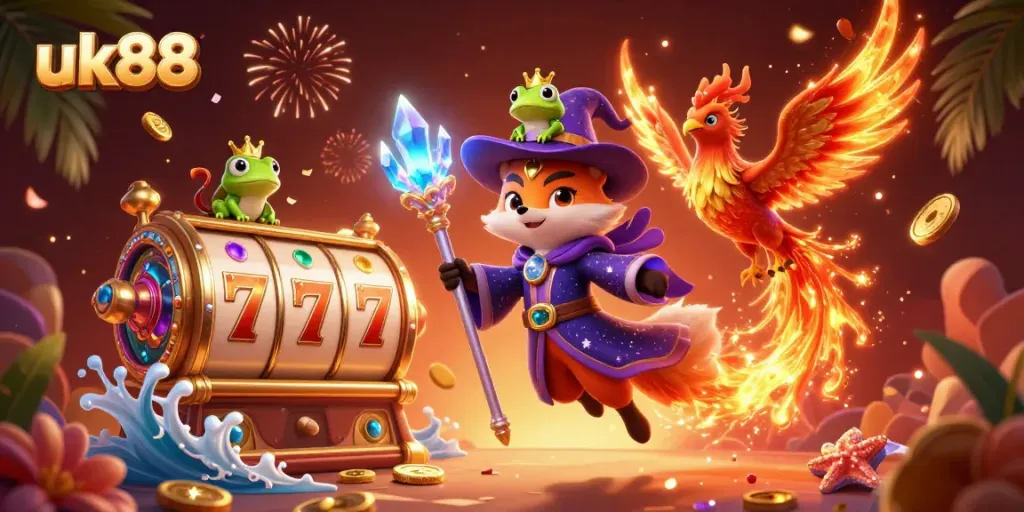 Engage in exciting casino adventures at uk88 with a magical wizard fox and captivating phoenix amidst dynamic slot elements.