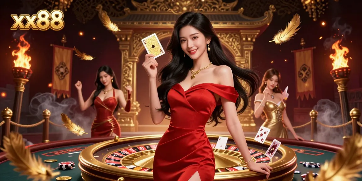 Engage with thrilling xx88 gaming action, where a beautiful dealer presents winning cards beside a lavish roulette.