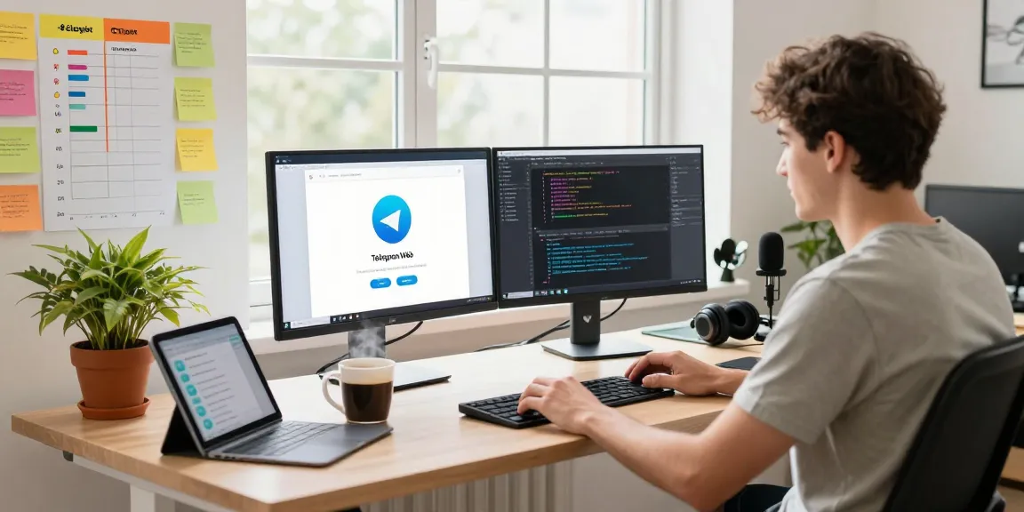 Developer using Telegram Web on dual monitors in a bright workspace.