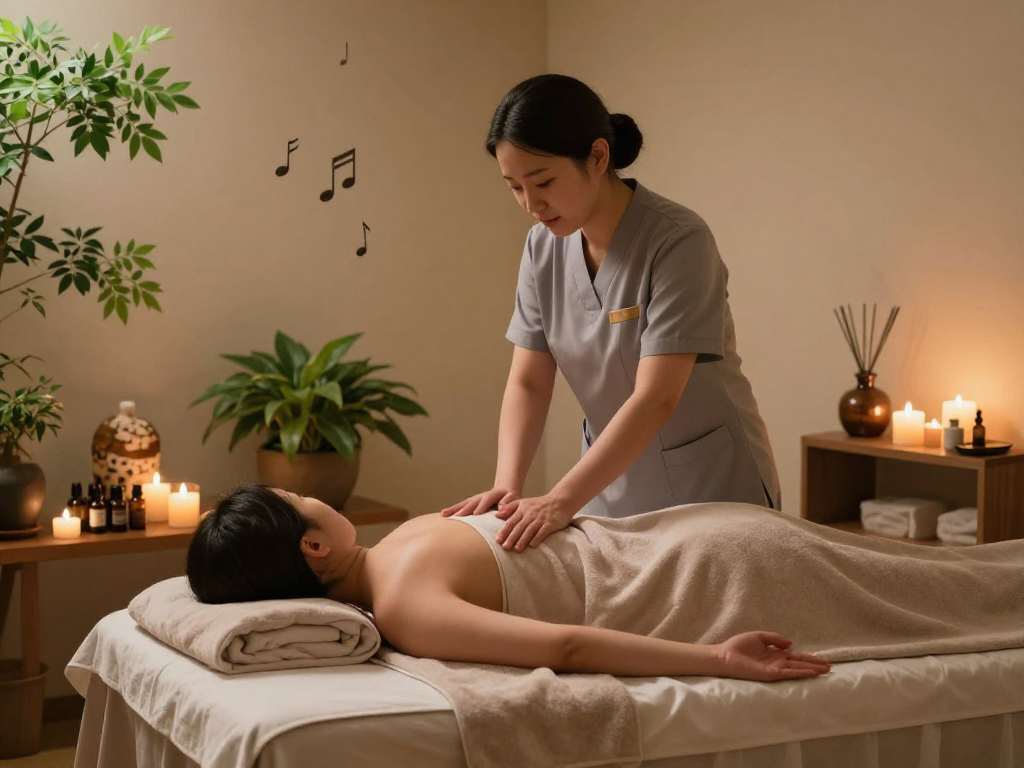 Relaxing 하남출장안마 session in a serene wellness spa, featuring a therapist and calming atmosphere.
