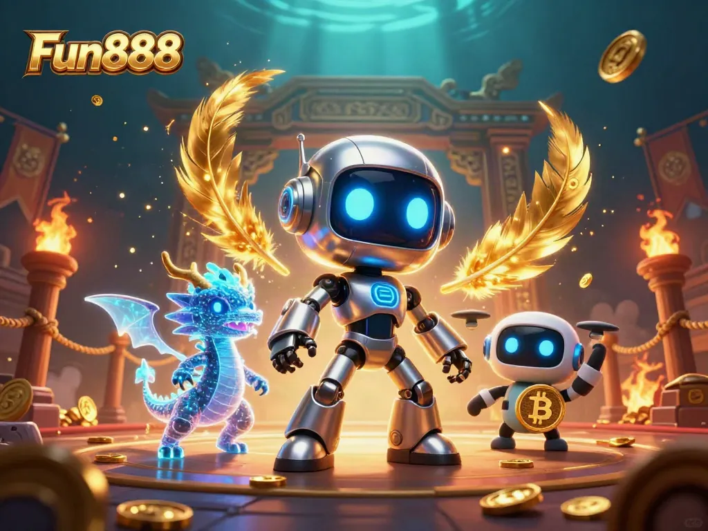Experience thrilling gameplay with Fun888's dynamic robotic mascot, bitcoin drone, and festive casino backdrop.
