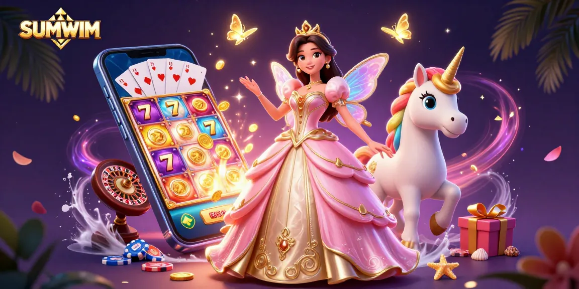 Engage in thrilling SUMWIM slot action with a glamorous winner in a colorful casino scene.