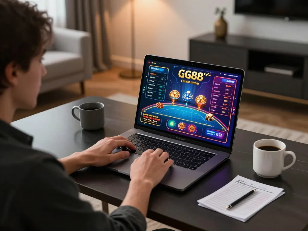 Talented player enjoying GG88 gaming experience on laptop with vibrant casino graphics