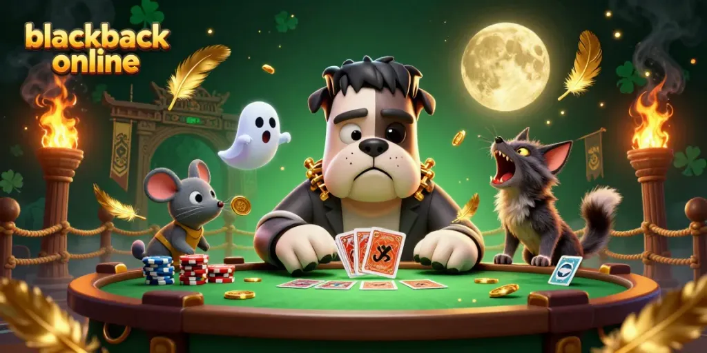 Juega blackjack online en una mesa con un bulldog Frankenstein y una gatita hombre lobo bajo una luna dorada.