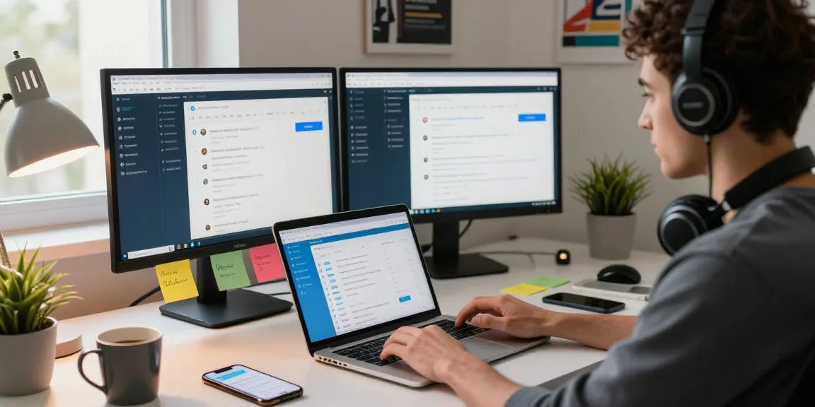 Using Telegram网页版 on a laptop in a modern workspace with dual monitors and ambient lighting.