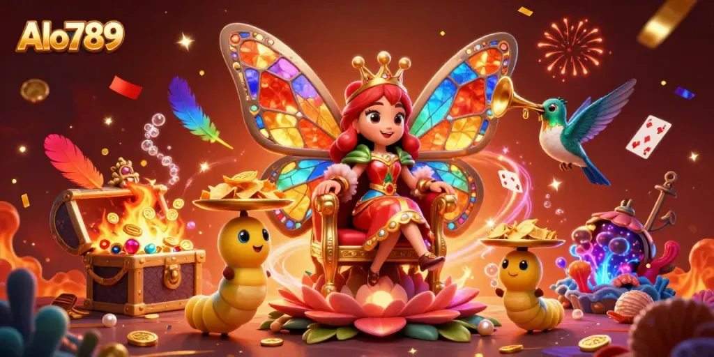 Experience the thrill of Alo789 in this vibrant scene of a butterfly queen with gaming elements in a dynamic atmosphere.