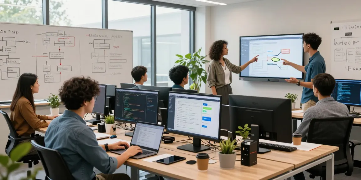 Developers building internal tools with AI in a collaborative workspace, showcasing coding, teamwork, and innovation.