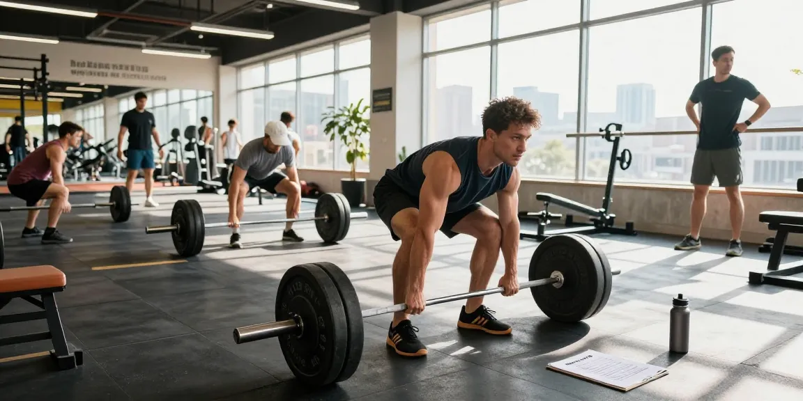 Escena de fitness de Esteroidesshop con un atleta levantando pesas para entrenamiento de fuerza.