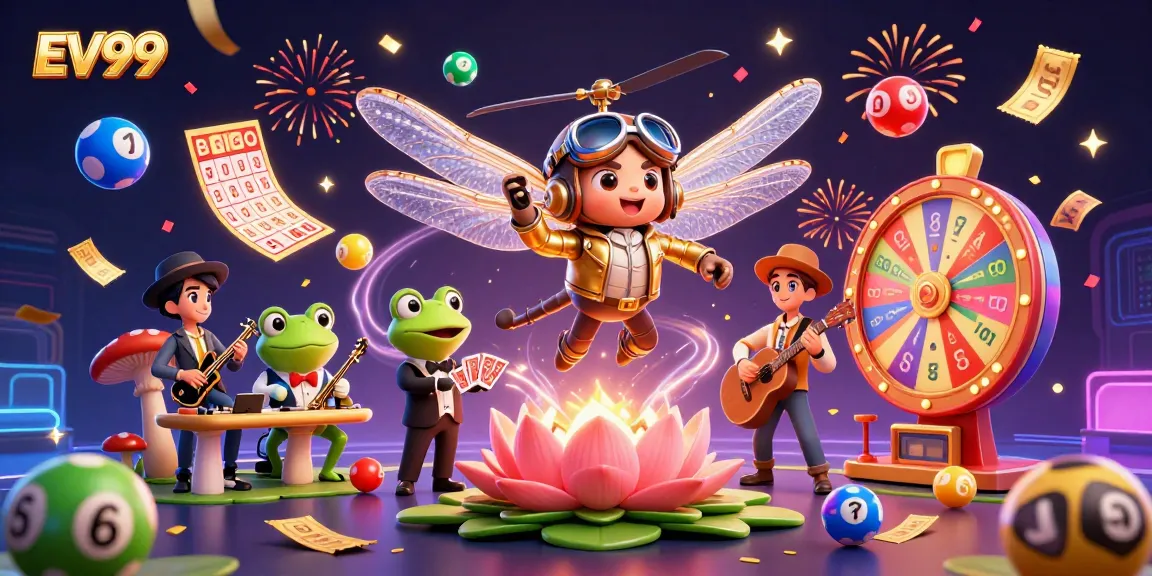 Experience thrilling moments at EV99 as a dragonfly pilot and frog croupier create a vibrant casino atmosphere.