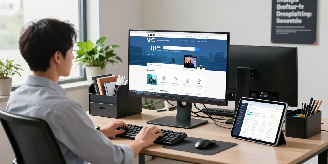 WPS Official Website interface displayed on a large monitor in a modern office with a professional ambiance
