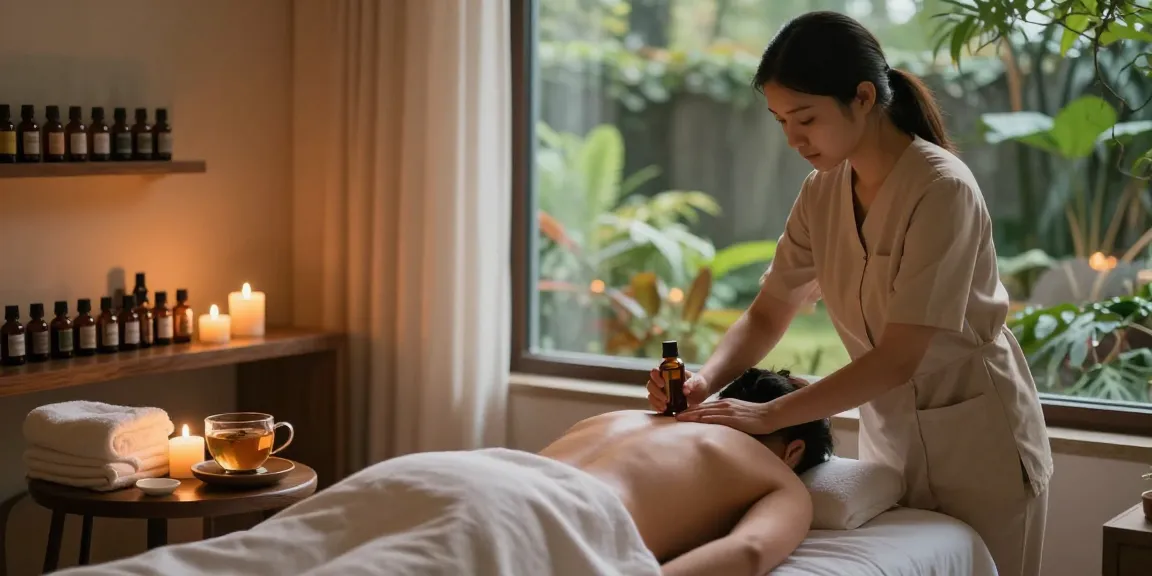 Relaxing 용인출장안마 therapy session with oils and candles in serene spa