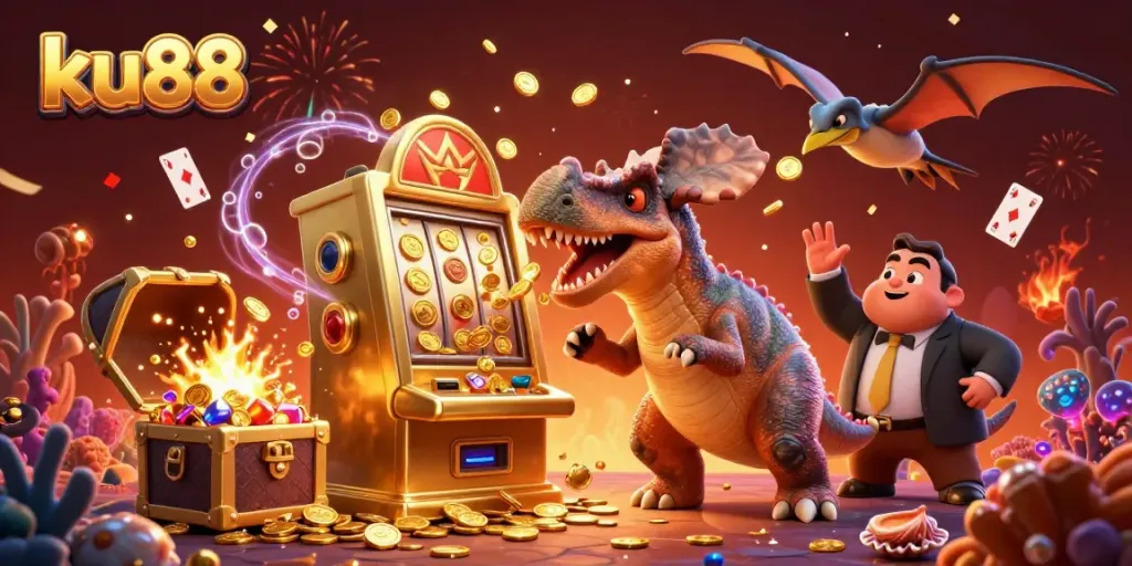 ku88 gaming scene with a dinosaur winning at a slot machine, surrounded by fun elements