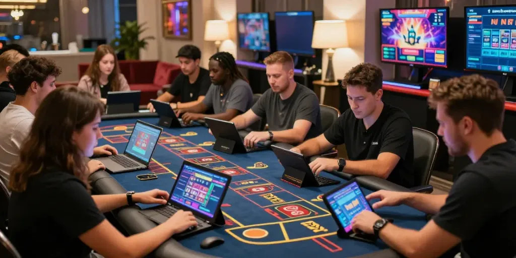 Exciting f168 trang chủ gaming scene with diverse players engaged at a virtual casino table.