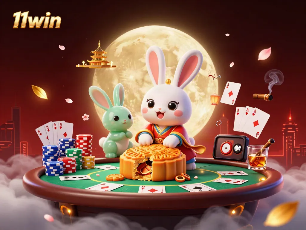 Experience thrilling poker gameplay with 11win while a moon rabbit showcases vibrant casino elements.