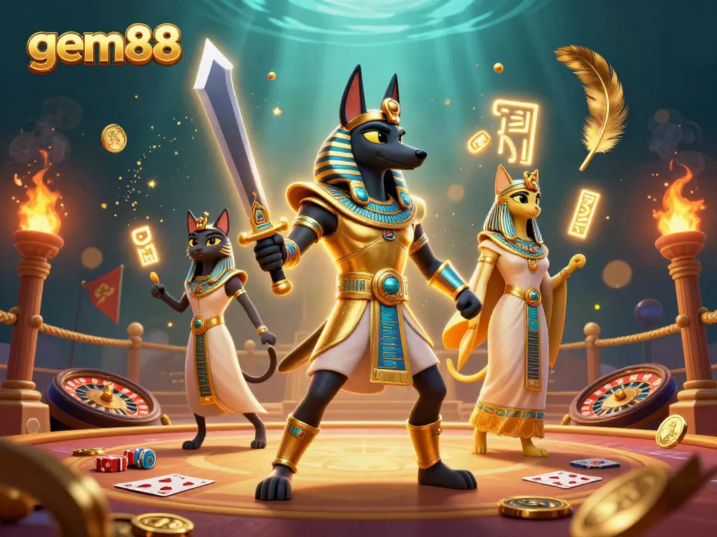 Experience the excitement of gem88 with ancient casino warriors and vibrant game elements.
