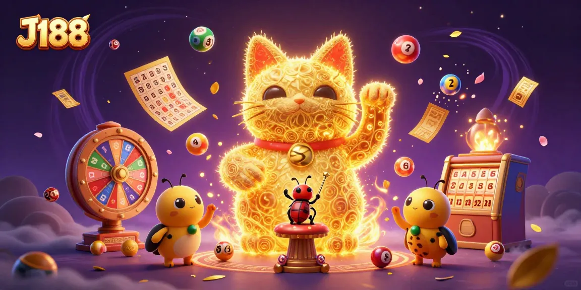 Engage with the dynamic J188 gaming scene featuring a lucky cat and vibrant casino elements.