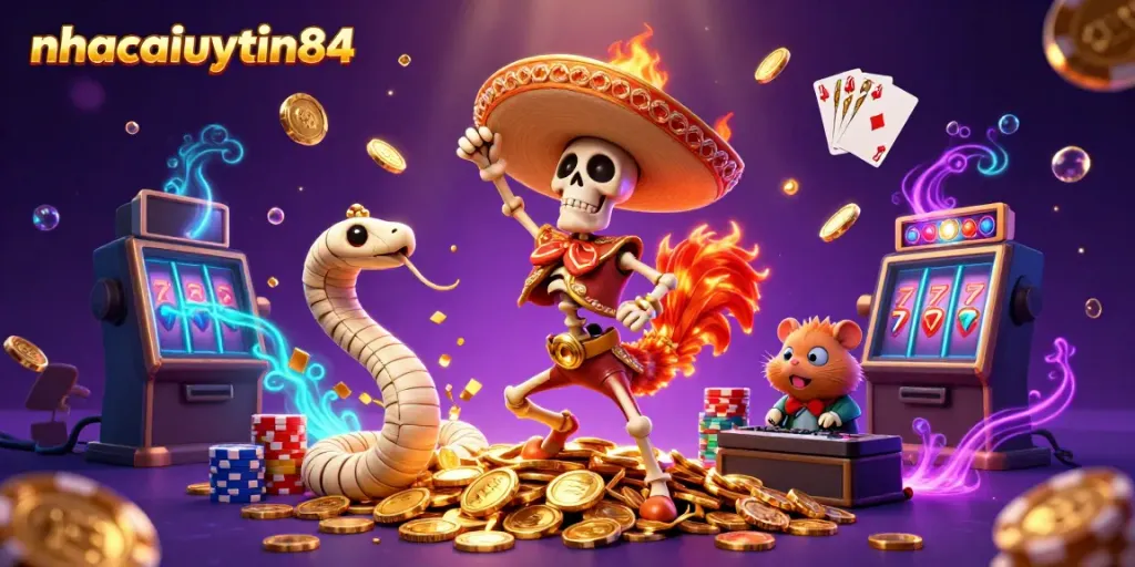 Engage with the lively scene of nhacaiuytin84 where a mariachi rooster celebrates on golden coins amidst casino elements.