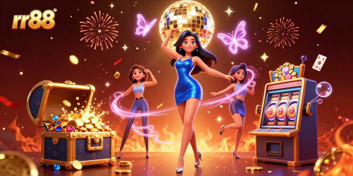 Engage with rr88's vibrant casino experience featuring a glamorous woman amidst celebratory elements.