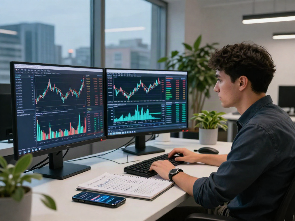 Analista financiero revisando tendencias del precio del bitcoin en varias pantallas.