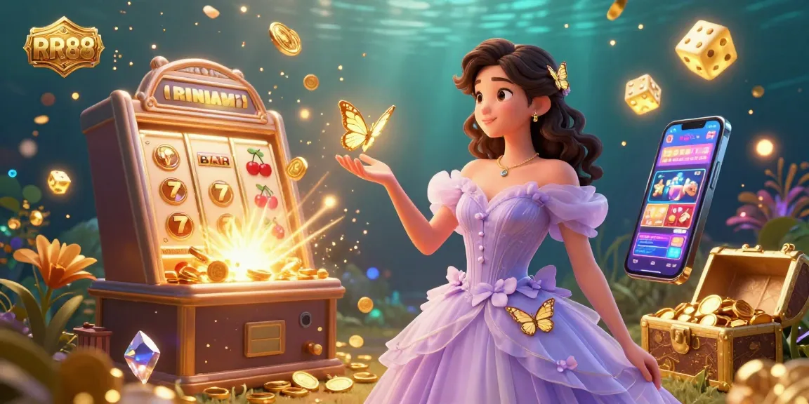 Experience thrilling gameplay at RR88 with vibrant 3D illustrations of a slot machine bursting with gold, showcasing a casino atmosphere.