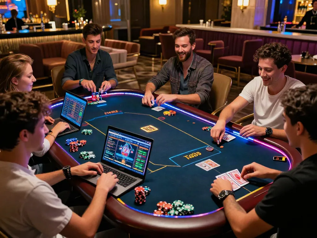 Friends enjoying TA88 online games in a vibrant gaming lounge.