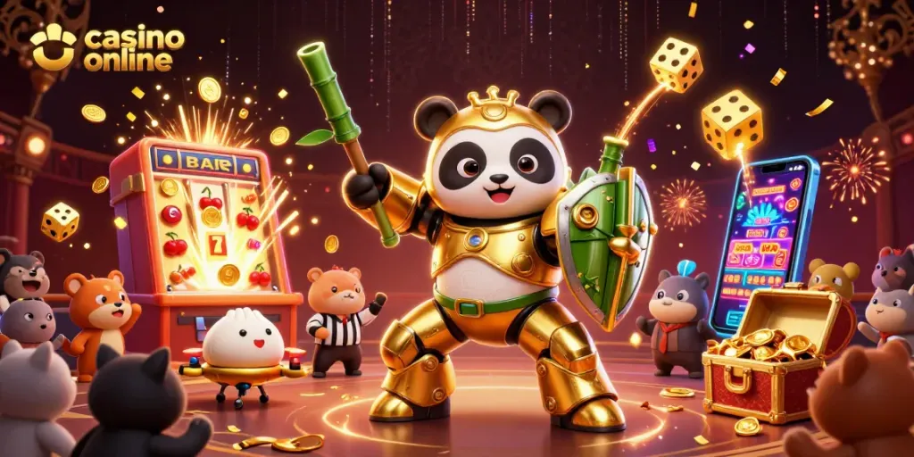 Disfruta en casino online con tragamonedas brillantes y un panda mecánico en acción.