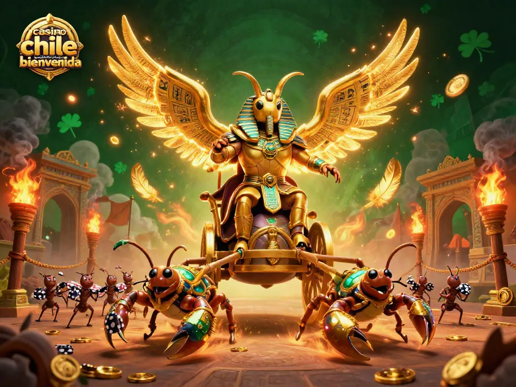 Ilustración 3D de un escarabajo dorado y elementos de casino online chile bono bienvenida rodeados de efectos de fuego.