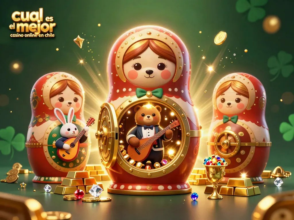 ¿Cuál es el mejor casino online en Chile? emocionante escena de Matryoshka y personajes de casino con joyas y oro.
