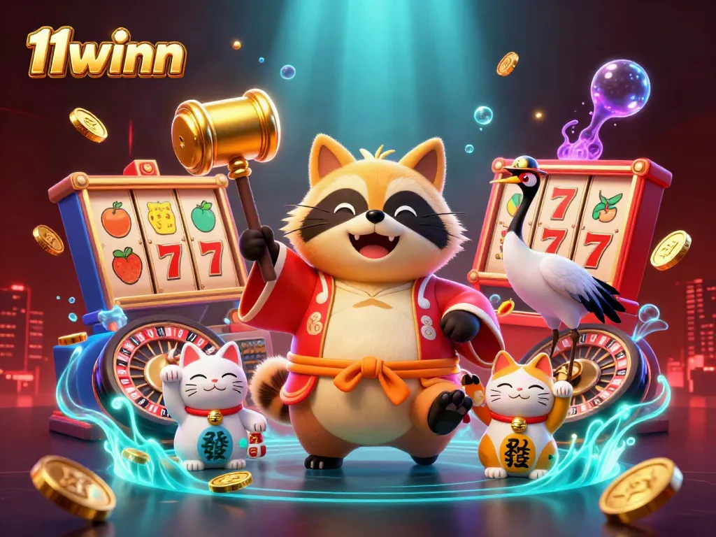 Experience thrilling gaming adventures at 11winn in this vibrant scene filled with festive characters and casino elements.