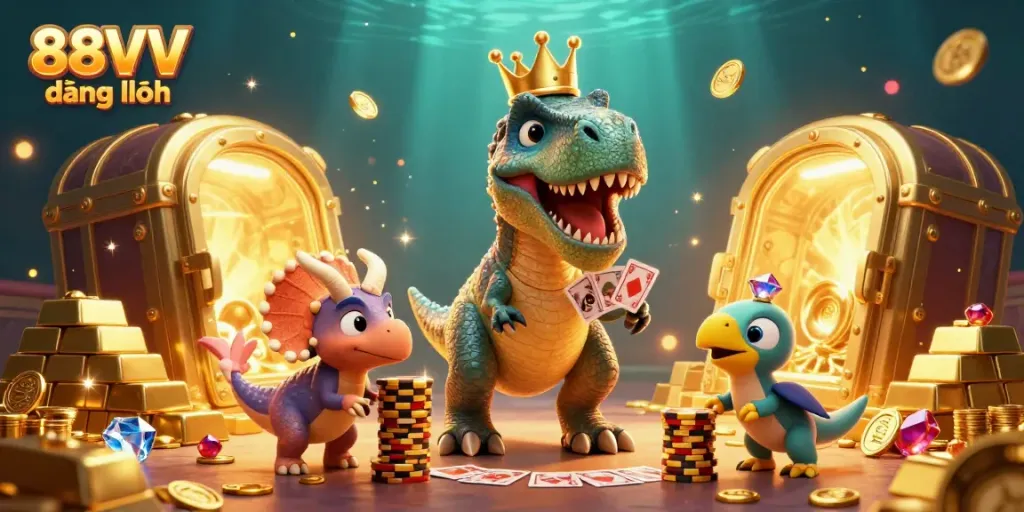 Engaging 88VV đăng nhập scene with a T-Rex shuffling cards and a baby triceratops stacking chips amid a vibrant casino setting.