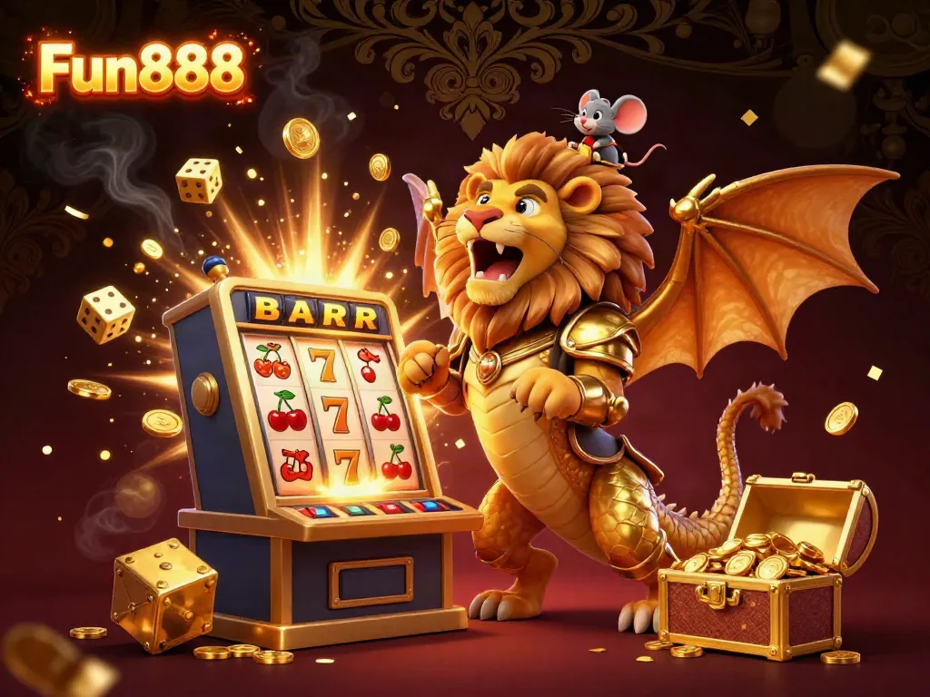 Experience the thrill of Fun888 with a vibrant casino scene filled with golden jackpots and dynamic gaming elements.