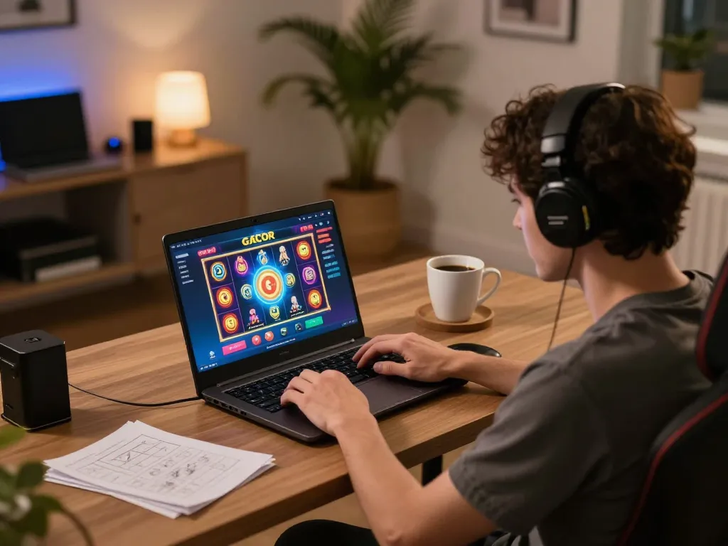 Player engaging with a slot gacor game on a laptop, showcasing immersive online gambling.