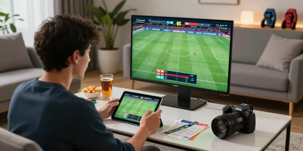 Engaging dynamic betting scene as a user enjoys sports wagering on a tablet with snacks and drinks, highlighting the fc88 experience.