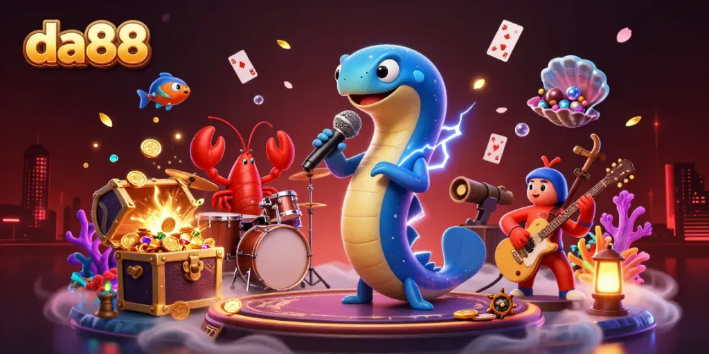 da88 showcases an electric eel DJ performing in an immersive underwater casino scene packed with vibrant gambling elements.