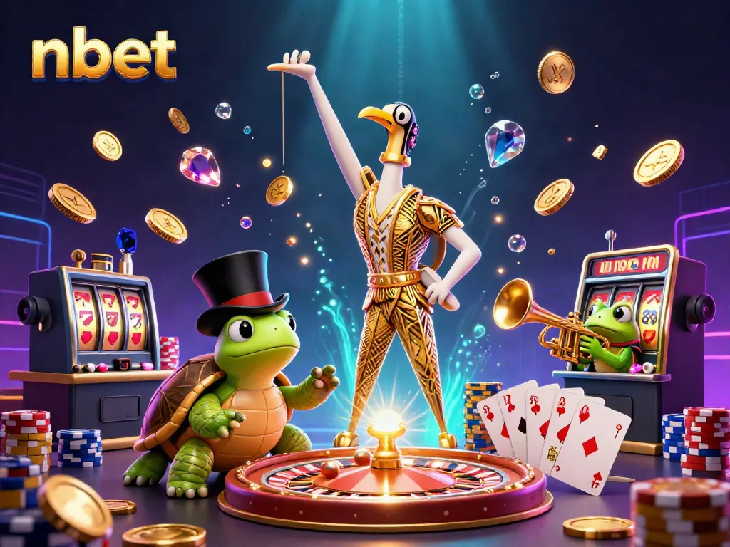 Experience the excitement of nbet gaming under vibrant lights with fun characters and dynamic casino elements.