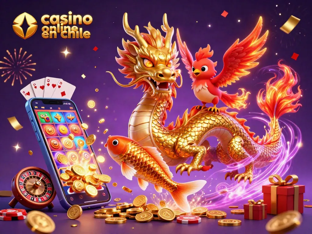 Disfruta de la emoción de un casino online en Chile con un dragón dorado y símbolos de juego vibrantes.