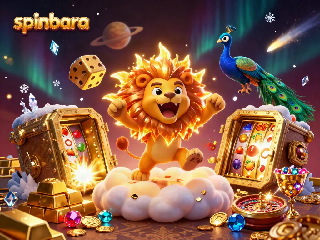 Experience the thrill of spinbara with our lively 3D casino scene featuring vibrant slot reels and a roaring lion.